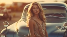 Vintage And Retro Photography Of A Young Woman Standing Outdoors With  A Car Generated By AI