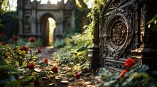 A Secret Garden Hidden Behind An Ivy-covered Stone Wall, A Wrought-iron Gate Slightly Ajar, Revealing Blooming Roses And Manicured Hedges.