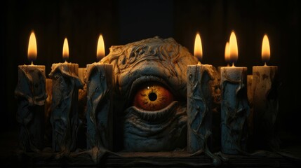 Poster - Eerie candlelight flickers through the carved eyes, Halloween concept. Generative AI