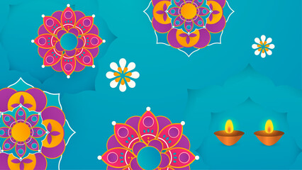 Wall Mural - Happy Diwali. Paper Graphic of Indian Rangoli. Rangoli - A traditional Indian art of decorating the entrance to a house. Diwali festival holiday design with paper cut style of Indian Rangoli.