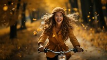 Woman Riding Bicycle At Autumn Forest