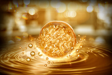 gold bubble serum on bokeh background