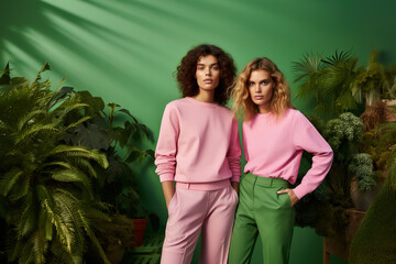 Two beautiful young woman model demonstrates a trendy pink and green outfit with copy space.