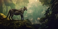 Lone Cheetah Standing Silhouette Against Forest Scene