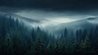 Serene Fir Forest in Mist: Moody Landscape with Blues and Greens