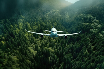 Aerial view of White Airplane taking off or flying in the air above green rain forest mountain view, nature landscape, healthy environment area, with Generative Ai.