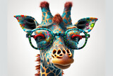 Fototapeta  - Cartoon colorful giraffe with sunglasses on white background.