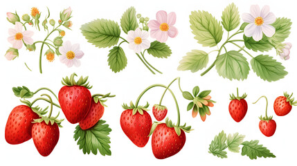 watercolor illustration of ripe strawberry with leaves and flowers, painted elements composition. ha