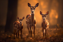 Deer Family - Two Cubs And Female Deer