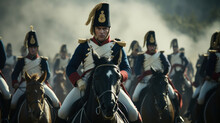 Epic Battle Of Waterloo Napoleon Bonaparte. Napoleon On Horseback Leading His Army On Battlefield