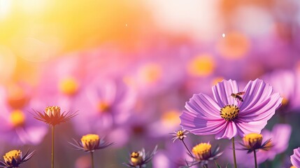 Beautiful field of cosmos flower in a meadow in nature in the rays of sunlight in summer in the spring close-up of a macro. A picturesque colorful artistic image with a soft focus.