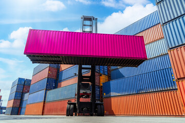 Transportation logistics and container dock cargo yard forklift truck working crane bridge in shipyard with transport logistic import export with blue sky background.