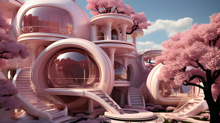 Pink minimal house in round grass with pink playground in the style of futuristic world