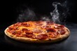 pepperoni pizza with smoke coming out of it on a black background, created by Generative AI