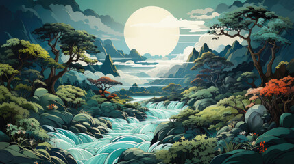 Background image illustrating cascading waterfalls, rendered in the tranquil style of Japanese Ukiyo-e, with colors of misty blues and forest greens and flowing water effects, like a digital woodblock