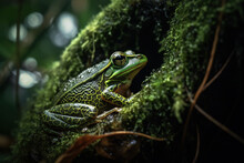 Image Of Green Frog In Nature Forest. Amphibian. Illustration, Generative AI.