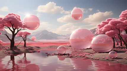 Pink landscape in pink planet world with dreamy tree in the style of futuristic world