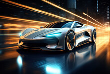 The Realism Of Electric Cars Futuristic Sports Cars On The Highway Powerful Acceleration Of A Super Car On A Night Track With Lights And Trails. 3D Illustrations. Realistic Wide Angle Lens.
