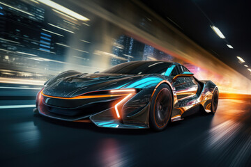 Wall Mural - The realism of electric cars Futuristic sports cars on the highway Powerful acceleration of a super car on a night track with lights and trails. 3D illustrations. Realistic wide angle lens.