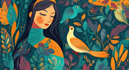 Wall Mural - Portrait of a woman in the forest with birds art background. Generative Ai