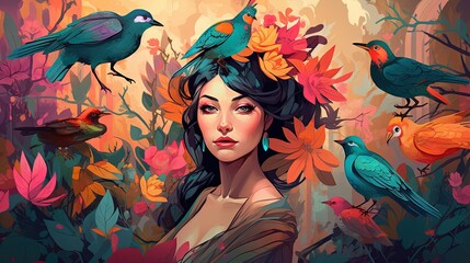 Wall Mural - Portrait of a woman in the forest with birds art background. Generative Ai