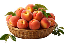 A Realistic Portrait Of Peaches In A Basket Isolated On White Background PNG