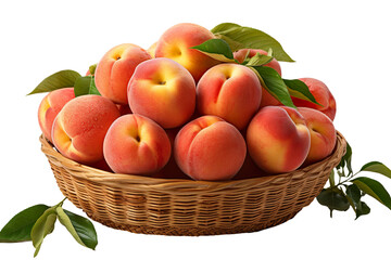 Sticker - a realistic portrait of peaches in a basket isolated on white background PNG