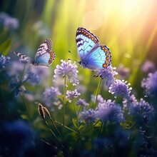 A Beautiful Summer Or Spring Meadow With Two Flying Butterflies And Blue Flowers Of Forget-me-nots ..Selective Focus, Shallow Depth Of Field. Illustration