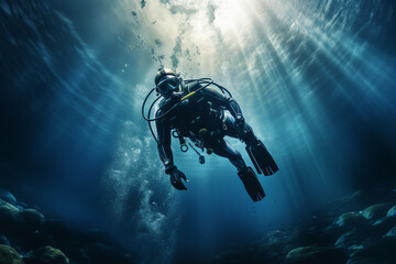 Scuba deep sea diver swimming in a deep ocean