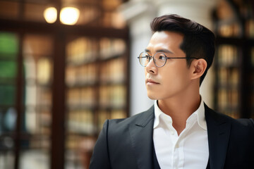 Portrait of an handsome Korean man in his 40s wearing glasses with formal slick hairstyle smooth beardless face, wearing a suit in a luxury ancient library