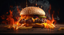 Tasty Burger With French Fries And Fire, Burger With French Fries, Exploding Generative Ai