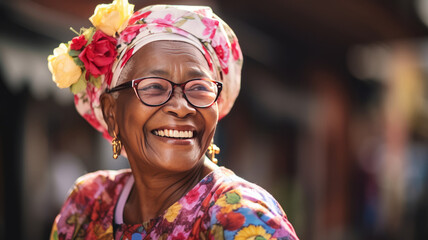 Wall Mural - closeup on smiling senior woman dressed in flowered dress. AI Generated