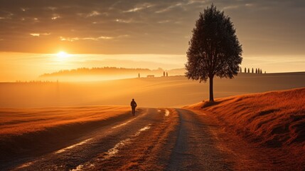 Road pass through breathtaking natural green field in the morning sunrise.