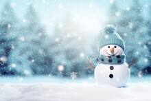 Panoramic View Of Happy Snowman In Winter Scenery. Close-up