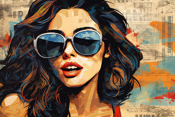 Wall Mural - Stylish retro poster with beautiful young lady wearing sunglasses on summer background with newspapers, magazines and palm trees. Fashion pop art woman portrait illustration and collage. Generative AI