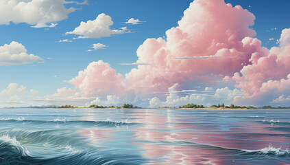 clouds in the sky over an ocean, in the style of whimsical subject matters. AI Generated