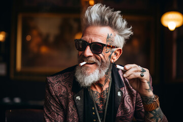 smiling old tattooed fashion man with bold hair smoking a cigarette in a church. AI Generated