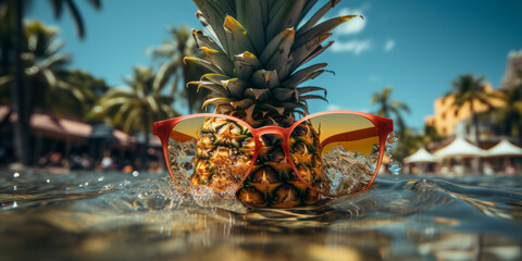 pineapple wearing sunglasses in a tree on the shore. AI Generated