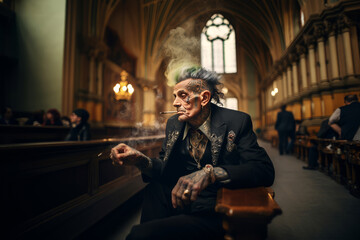 Wall Mural - smiling old tattooed fashion man with bold hair smoking a cigarette in a church. AI Generated