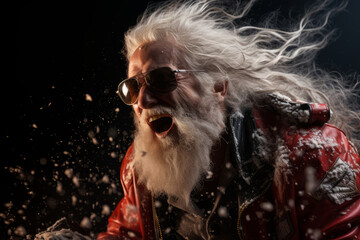 Waist up portrait of cool rock Santa roaring over red background with snow falling. AI Generated