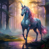 Fototapeta Zwierzęta - Abstract drawing of mythical unicorn in glowing fairy forest