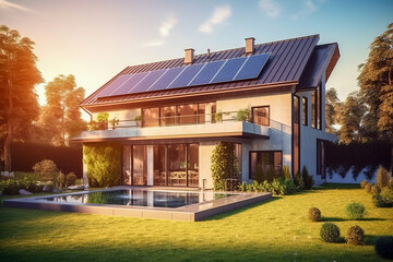 beautiful modern family home with nice garden, swimming pool and solar panels on roof at dawn