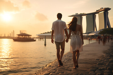 Wall Mural - Young couple traveling and walking in Singapore. City in background. Man and woman view from behind. Sunset summer background. Generative AI