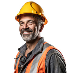 friendly smiling construction worker, middle-aged caucasian man with graying beard and hair