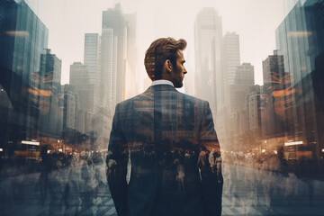 Business man with suit standing in grace pose and looking cityscape background. Successful businessman concept. Double exposure sunset or sunrise effect. Generative AI