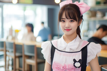 Wall Mural - Asian young woman waitress dressed in maid costumes in Japanese Maid Café