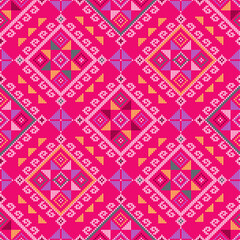 Wall Mural - Yakan folk art weaving inspired vector seamless geometric pattern - Filipino inspired textile or fabric on pink background

