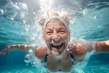 Healthy senior woman swimming under water in public pool. AI Generated