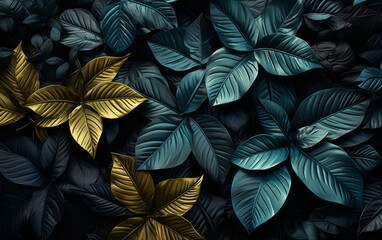 blue leaves on a black background. AI Generated