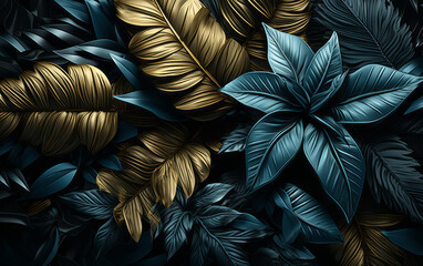 blue leaves on a black background. AI Generated